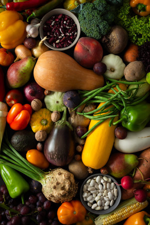 Fresh vegetables and fruits fill a surface after being gathered from the garden, showcasing a variety of colors and shapes during the harvest time in autumnの写真素材