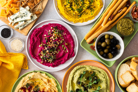 Colorful spread features beetroot, classic, broccoli, and turmeric hummus showcased on a charcuterie board with vibrant toppings, breadsticks, and assorted olives, perfect for gatherings.の写真素材