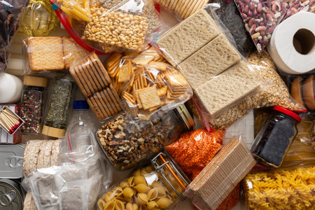 Essential home food stock for crises and for the period of quarantine and isolation, canned food,...