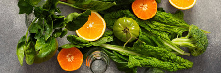 Fresh spinach, chard, and broccoli sit among sliced oranges and tangerines as juice is prepared in a...
