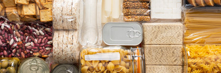 Essential home food stock for crises and for the period of quarantine and isolation, canned food,...