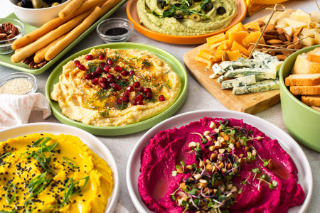 A vibrant spread showcases different types of hummus including classic, beetroot, broccoli, and...
