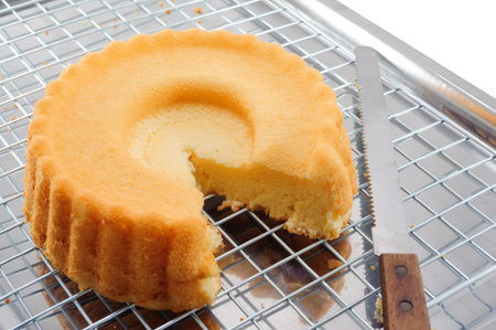 SPONGE CAKE WITH KNIFE ON THE STAINLESS TRAY