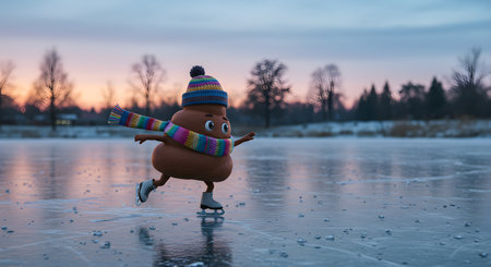 Cute snowman on the ice of a frozen lake at sunsetの素材