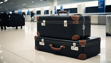 Two classic black suitcases with leather accents are stacked at an airport baggage claim area, evoking a sense of travel and anticipation. Perfect for travel and transportation themes.の素材