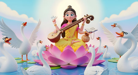 Beautiful girl in lotus pose with traditional Indian music instrument.の素材