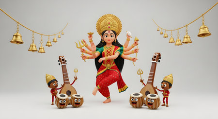 Hindu God Ganesha with musical instruments, 3d renderingの素材