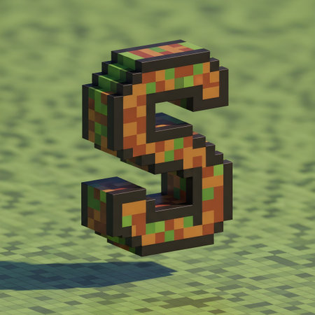 3D number 3 made of pixelated cubes on a green backgroundの素材