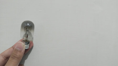 Hand holding a bulb on a white wall background with copy space