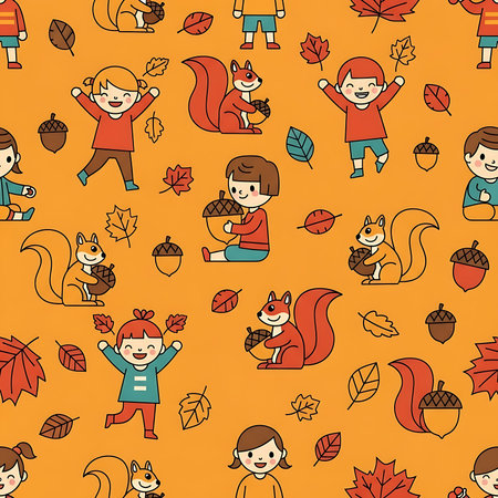 Cheerful cartoon children and squirrels with acorns and autumn leaves on orange backgroundの素材