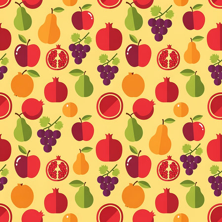 Seamless Pattern of Colorful Flat Design Fruits on Yellow Backgroundの素材