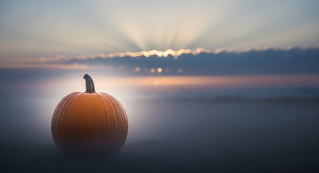 A single, vibrant orange pumpkin sits on a dark surface, silhouetted against a dramatic sunset sky with sun rays breaking through clouds over a body of water.の素材