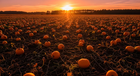An expansive field of ripe pumpkins under a warm, golden sunset sky, with a line of trees in the distance.の素材