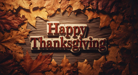 Festive "Happy Thanksgiving" text surrounded by dried autumn leaves on a rustic wooden surface.の素材