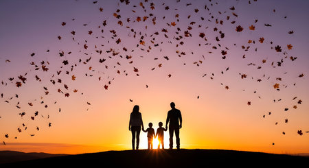 Family Silhouette at Sunset with Falling Autumn Leavesの素材