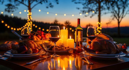 Romantic Outdoor Dinner Setting with Roasted Turkey, Wine, and Candles at Sunsetの素材