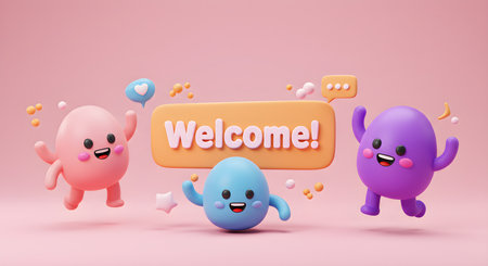 Colorful cartoon characters welcome viewers in a playful scene, ideal for greeting graphics.の素材
