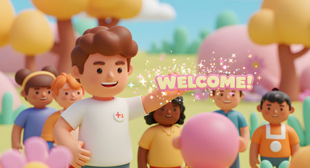 A cartoon man welcomes a group of children with a sparkly "welcome" text, which can be used to promote kid friendly events.の素材