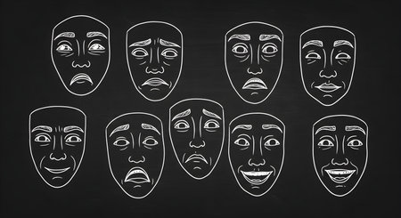 Various expression masks with different emotions are displayed on a blackboard, used for demonstrating feelings.の素材