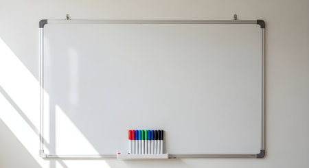 A clean whiteboard hangs on a wall with an array of colorful markers ready for writing or drawing in a classroom or office setting.の素材