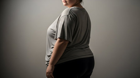 Plussize woman in casual gray tshirt standing sideways against a simple backgroundの素材