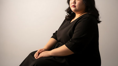 Portrait of a confident plus size Asian woman in a black dress seated in a studioの素材