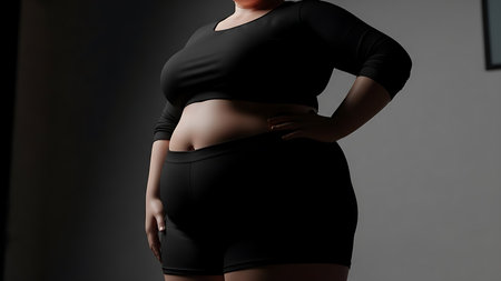 Confident plussize woman in black athletic wear hand on hip body positivityの素材