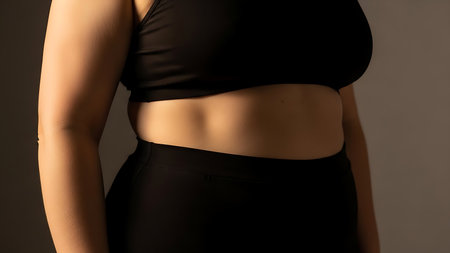 Female Torso in Black Sportswear with Dramatic Natural Light and Shadowsの素材