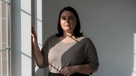 Confident young woman in natural light standing by a window with artistic shadowsの素材