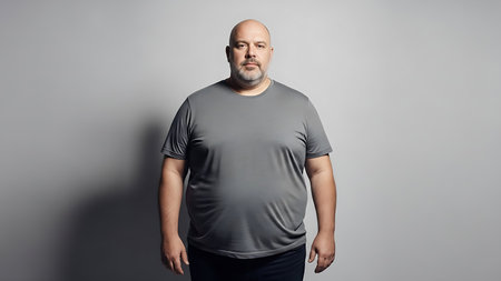 Fulllength portrait of a serious bald bearded overweight man in a grey tshirtの素材