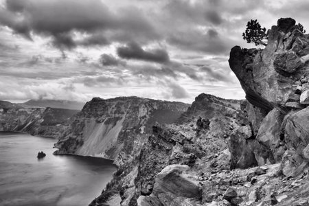 Black and white of cliff and lakeの写真素材
