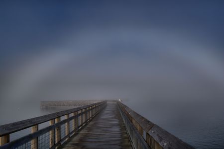 Foggy arch with boardwalk and seagullの写真素材