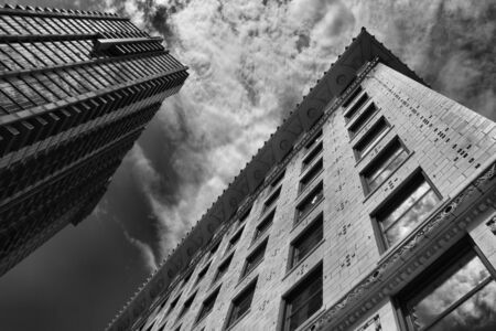 Black and white of 2 buildings and skyの写真素材