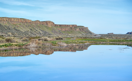 Reflection of Basalt rock formationの写真素材