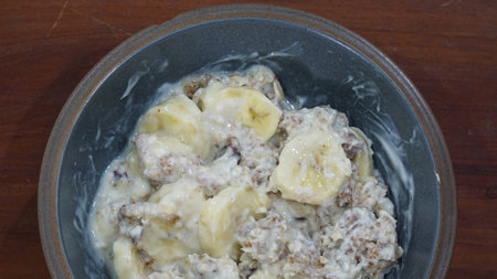 Breakfast with healthy muesli and bananaの写真素材