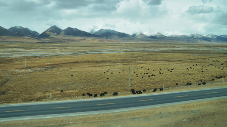 Mountain and land with old town look and clear sceneryの写真素材