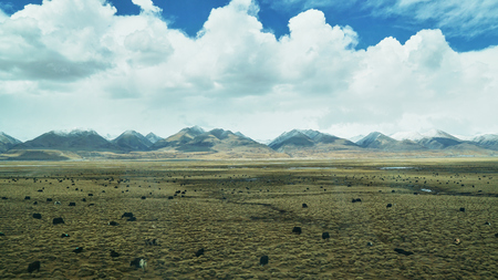 Mountain and land with old town look and clear sceneryの写真素材
