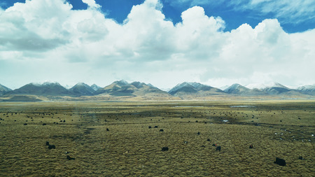Mountain and land with old town look and clear sceneryの写真素材