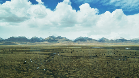 Mountain and land with old town look and clear sceneryの写真素材
