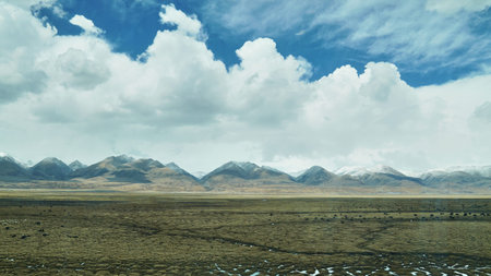 Mountain and land with old town look and clear sceneryの写真素材