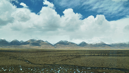 Mountain and land with old town look and clear sceneryの写真素材