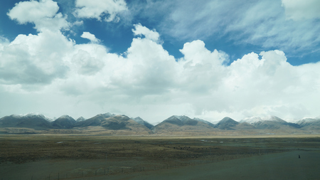 Mountain and land with old town look and clear sceneryの写真素材