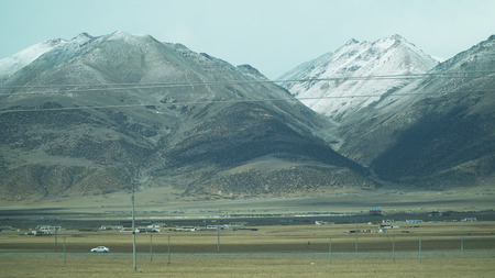 Mountain and land with old town look and clear sceneryの写真素材