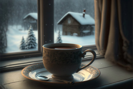 A cup of coffee on a saucer on a window sillの素材