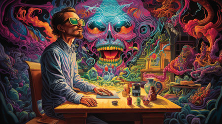 Hipster man sitting at the table in front of colorful psychedelic background.の素材