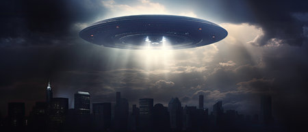 UFO flying over the city. Futuristic concept. Realistic illustration created with Generative AI.の素材