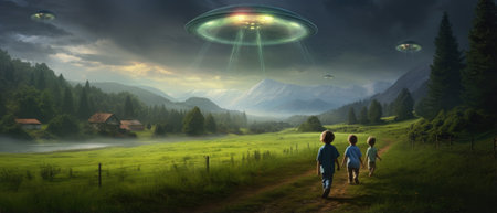 Flying saucer over mountain and three children. Illustration created with Generative AI.の素材