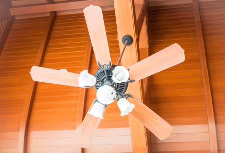 Beautiful hanging ceiling fan with glass lamps up closeの写真素材