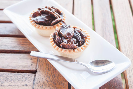 Chocolate crispy tarts on white plate, stock photoの写真素材