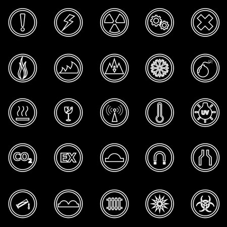 Warning sign line icons on black background, stock vectorのイラスト素材